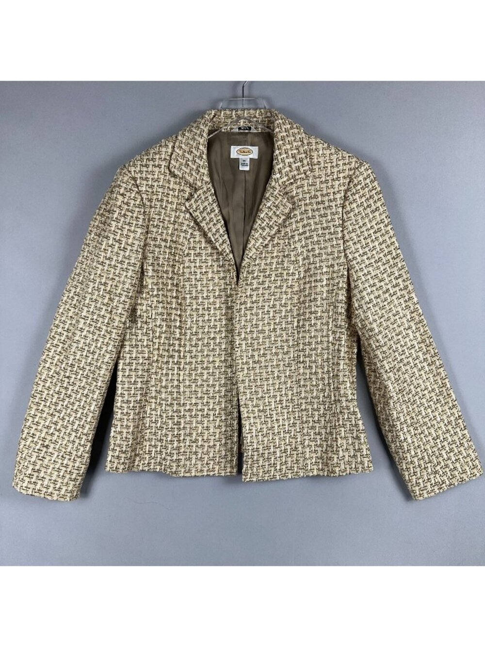 Talbots Tweed Blazer Jacket Open Front Womens Size 14 Beige Gold Woven Pattern